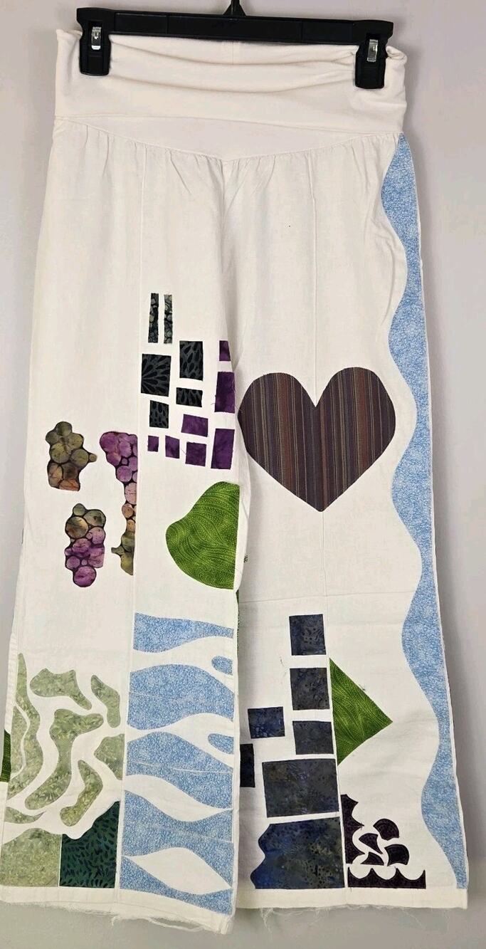 Patchwork Multi Design Wide Leg Cotton Pullon Pants FESTIVAL HIPPIE BOHO Ivory